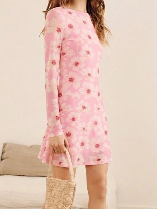 Pink Elegant Women's Long Sleeve Floral Mini Dress - Picture 5 of 6